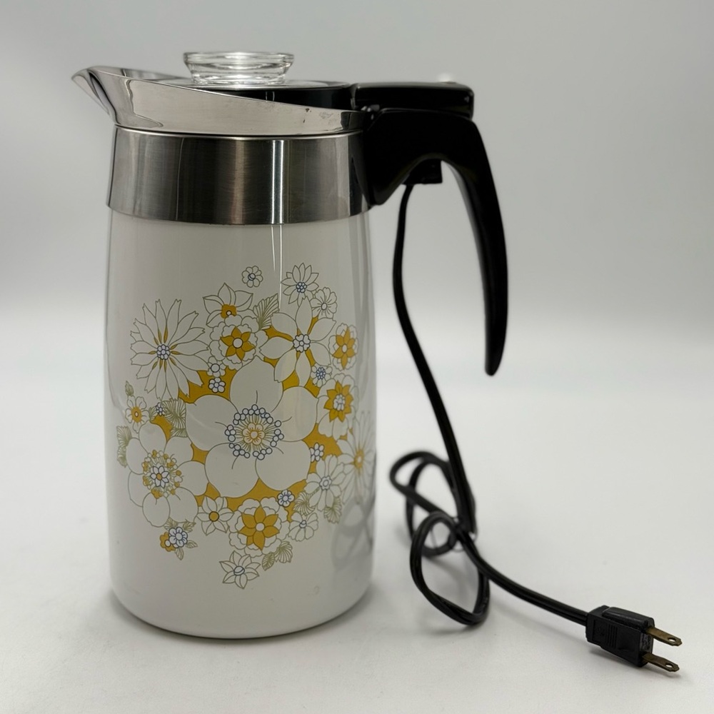 Floral Bouquet MCM Electric Percolator Coffee Pot 10 Cup Carafe White Yellow Blu